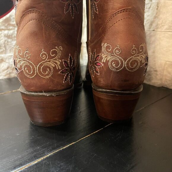 Womens Big Bull Brown Leather Floral Embroidered Cowboy Boot Made In Mex 24 US 7 - Picture 8 of 16